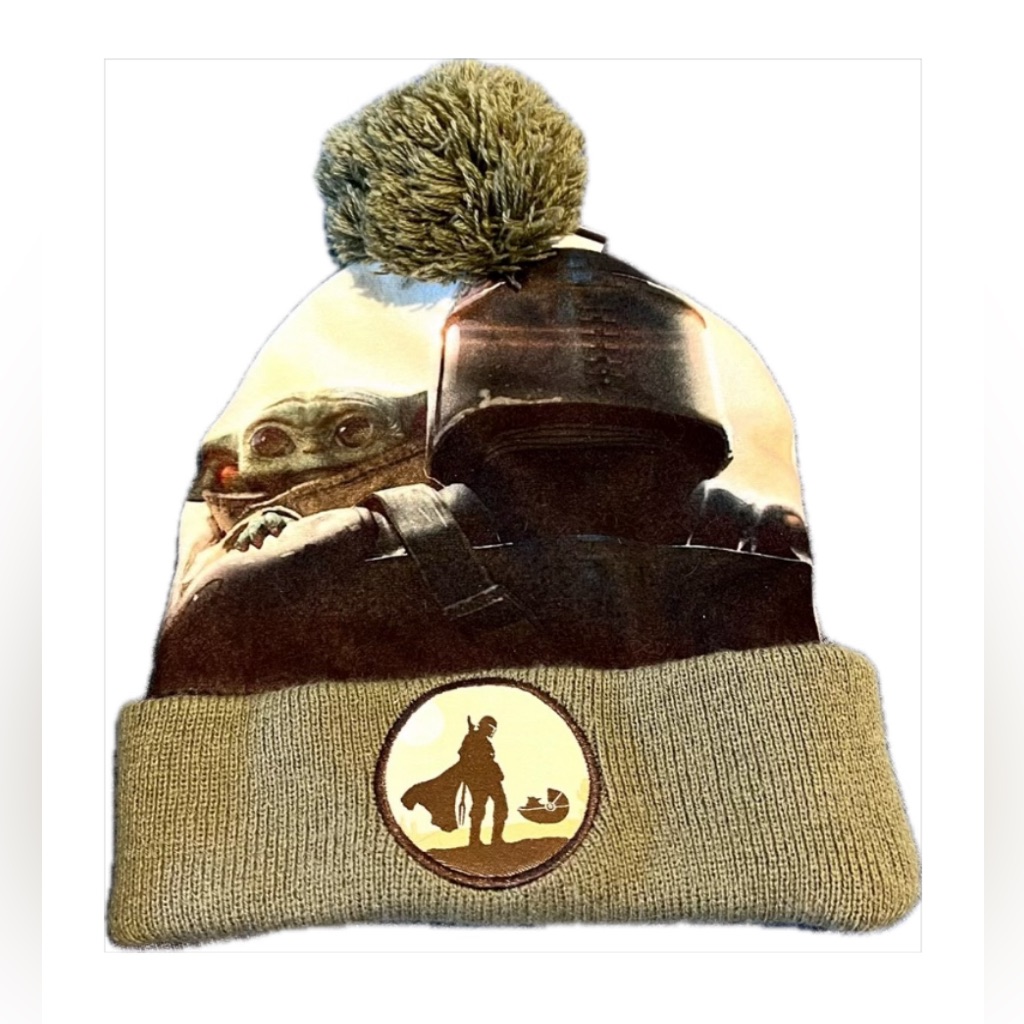 Disney Kids Mandalorian Beanie With Pom New Soft Brown And Green With Patch